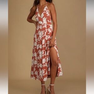 Lulus Follow the Summer Orange Floral Print Halter Midi Dress